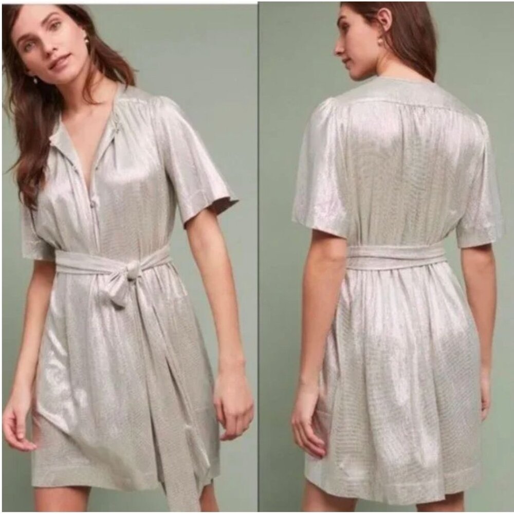 Sabina Musayev Gold Metallic Shimmer Foil O/S Belted Button-up Dress, M, NWOT - Picture 2 of 12